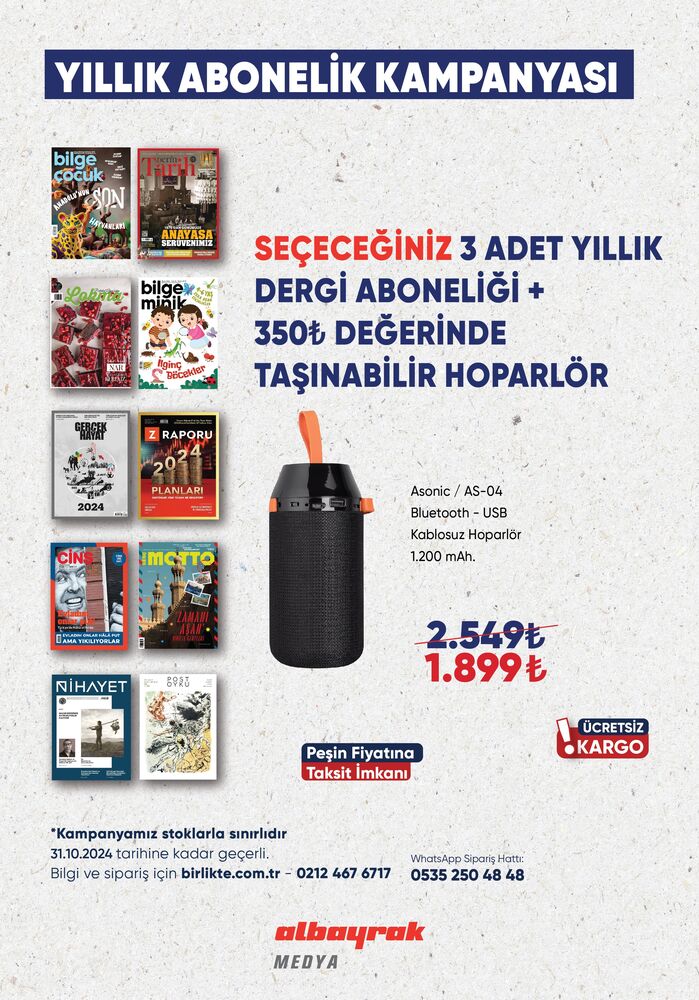 Taşınabilir Hoparlör + Seçeceğiniz 3 Dergi Yıllık Aboneliği